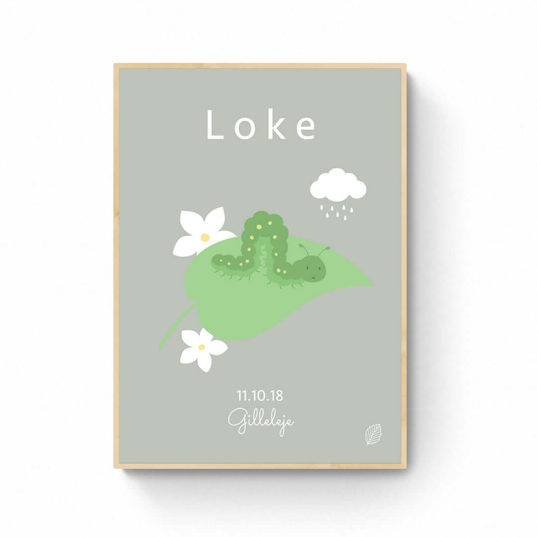 Grøn Navneplakat Med & Dato Kålorm 50x70 Ramme Natur Nordic Simply - Nordic Simply Plakater